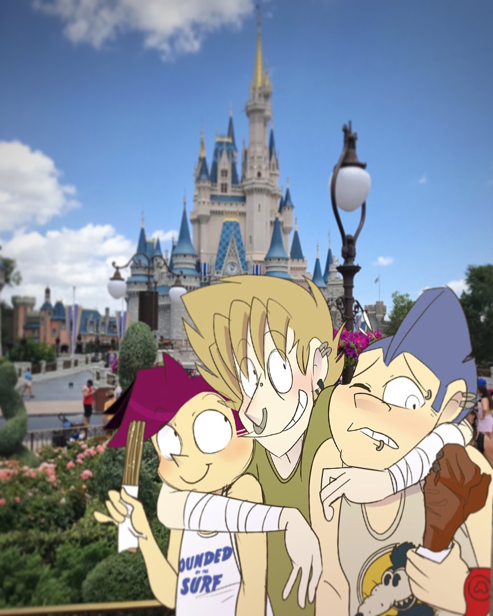 Paul, Warren, and Toby family photo in front of Cinderella's Castle.